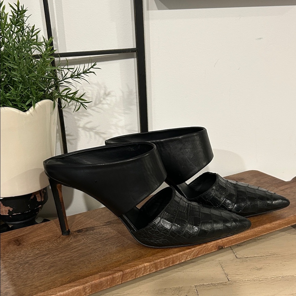 Vince Black Croc-Embossed Mules